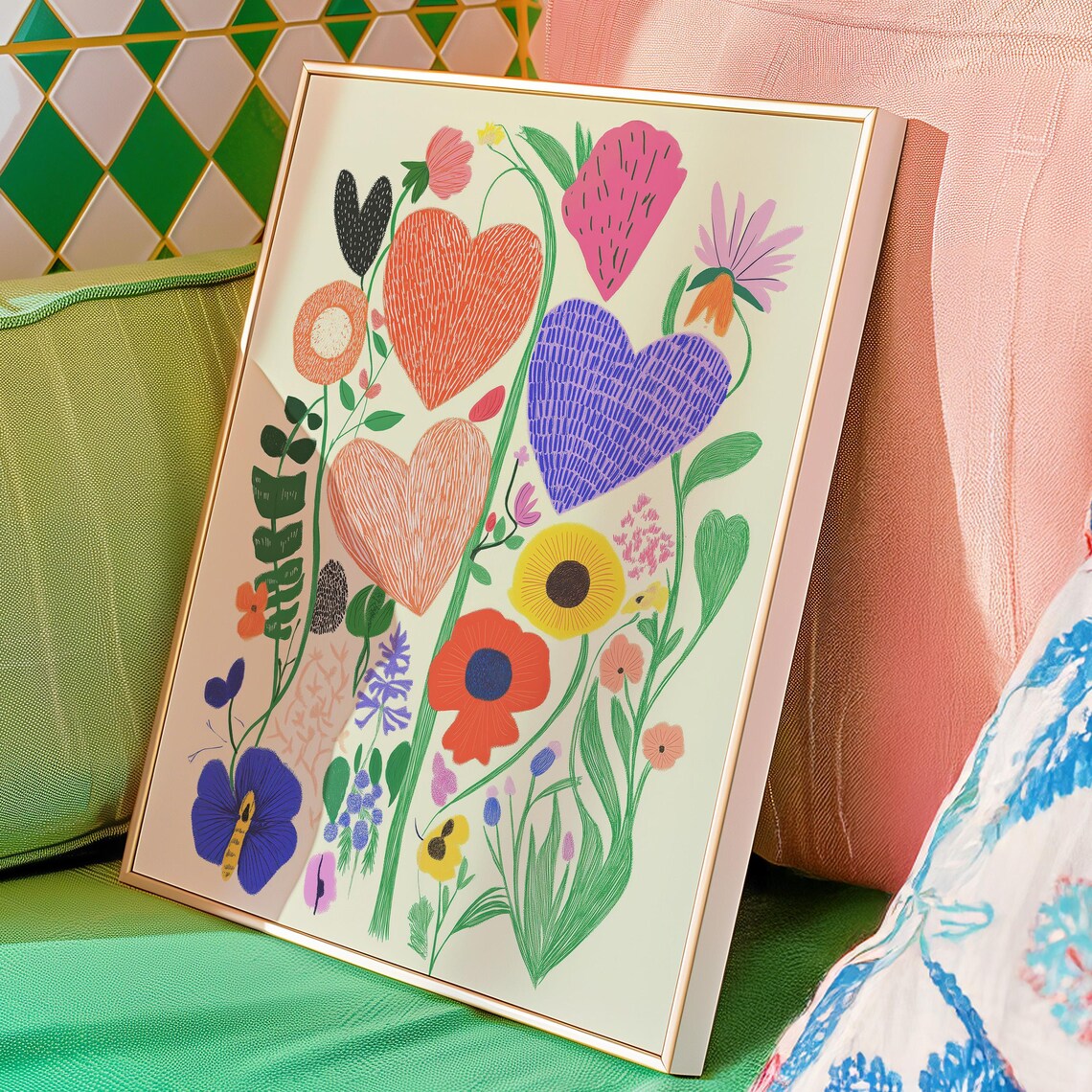Colorful Hearts And Flowers Botanical Illustration Art Poster