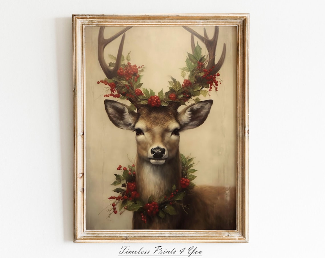Deer Art Print, Vintage Winter Scene with Holly