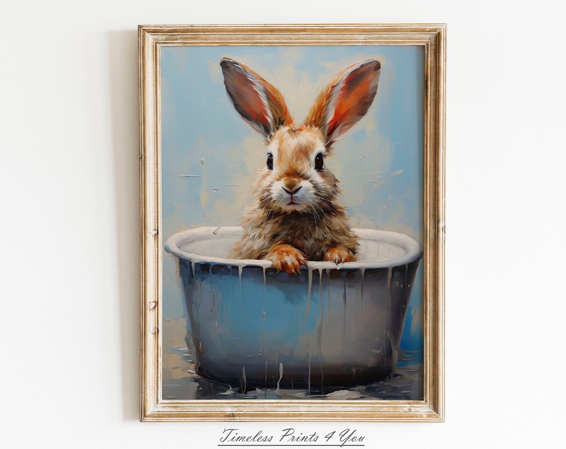 Bunny Painting Funny Bathroom Art, Vintage Print