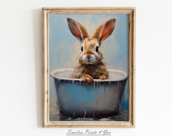 Bunny Painting Funny Bathroom Art, Vintage Print