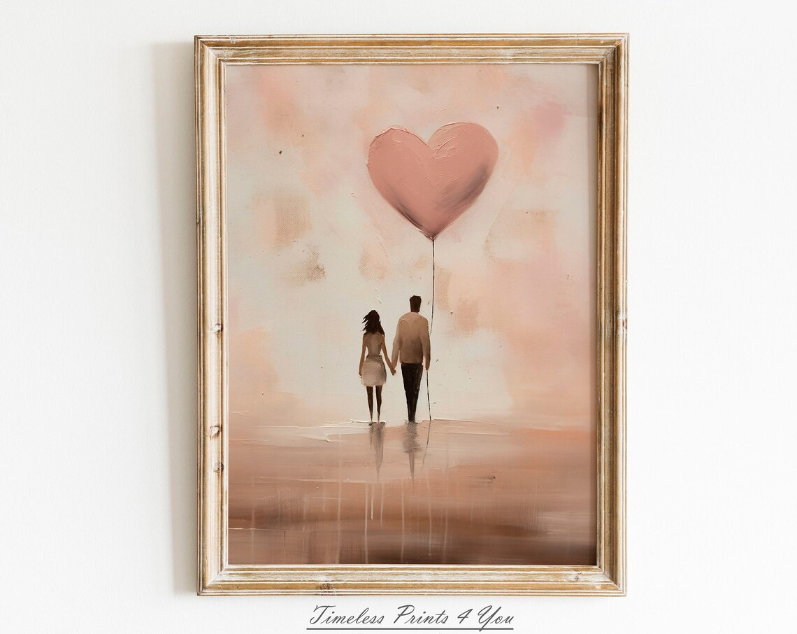 Couple Holding Hands Pink Heart Balloon Romantic Walk Painting Print