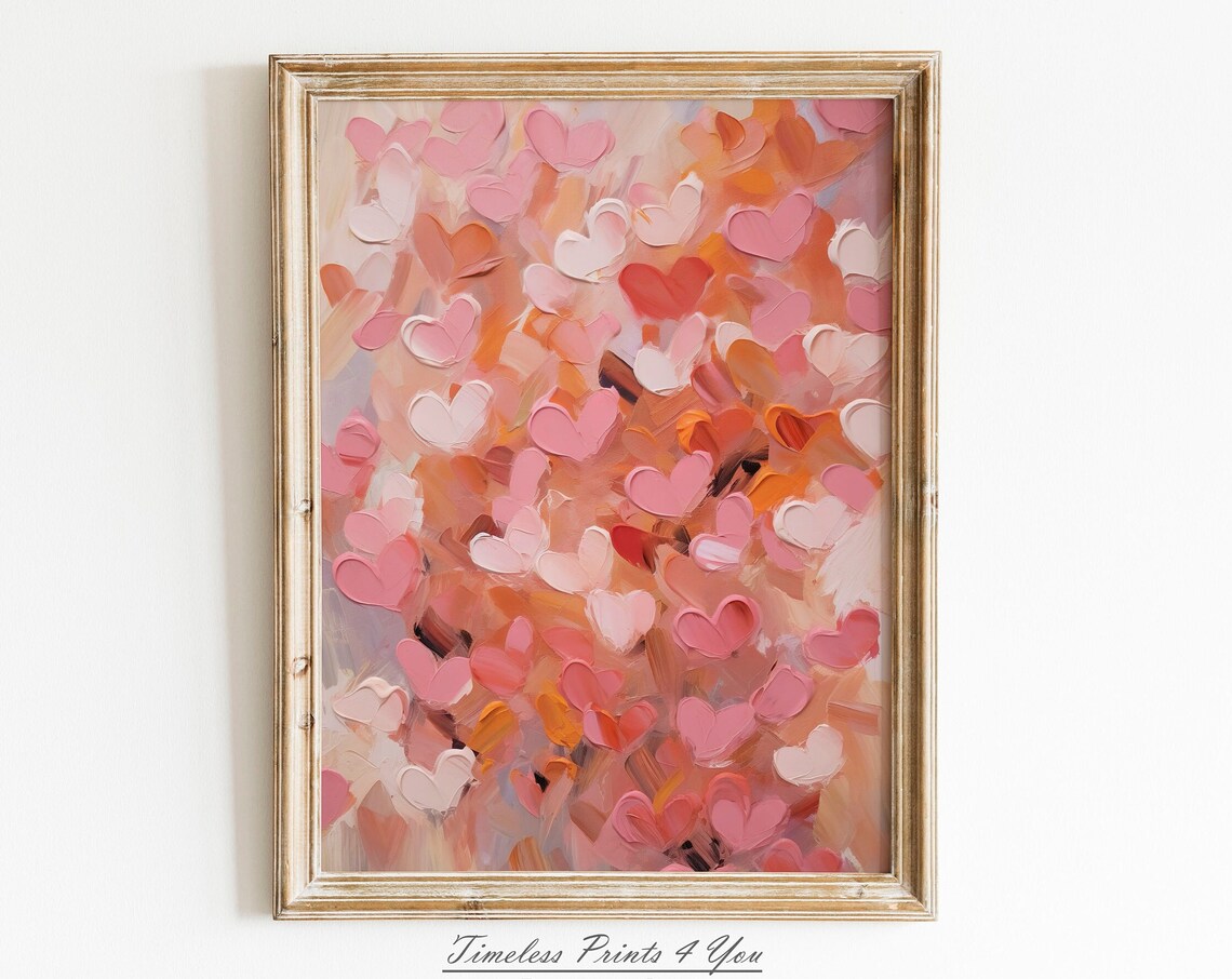 Blush Pink Hearts Valentine Impasto Painting Print Wall Decor