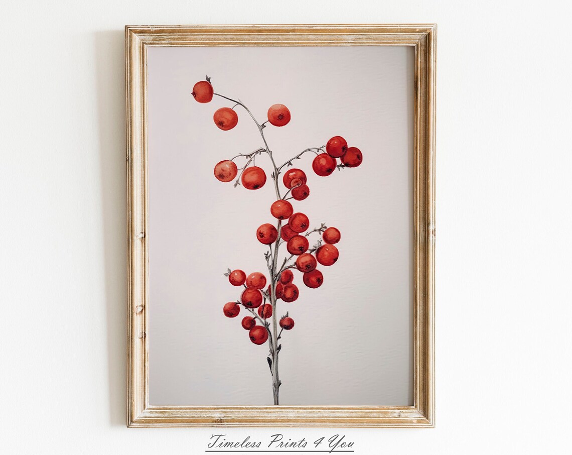 Red Holly Berries Watercolor Branch Winter Botanical Art Print