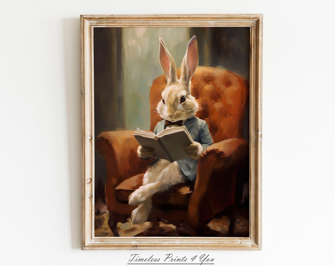 Dapper Bunny Reading a Book in Armchair Vintage Portrait Poster