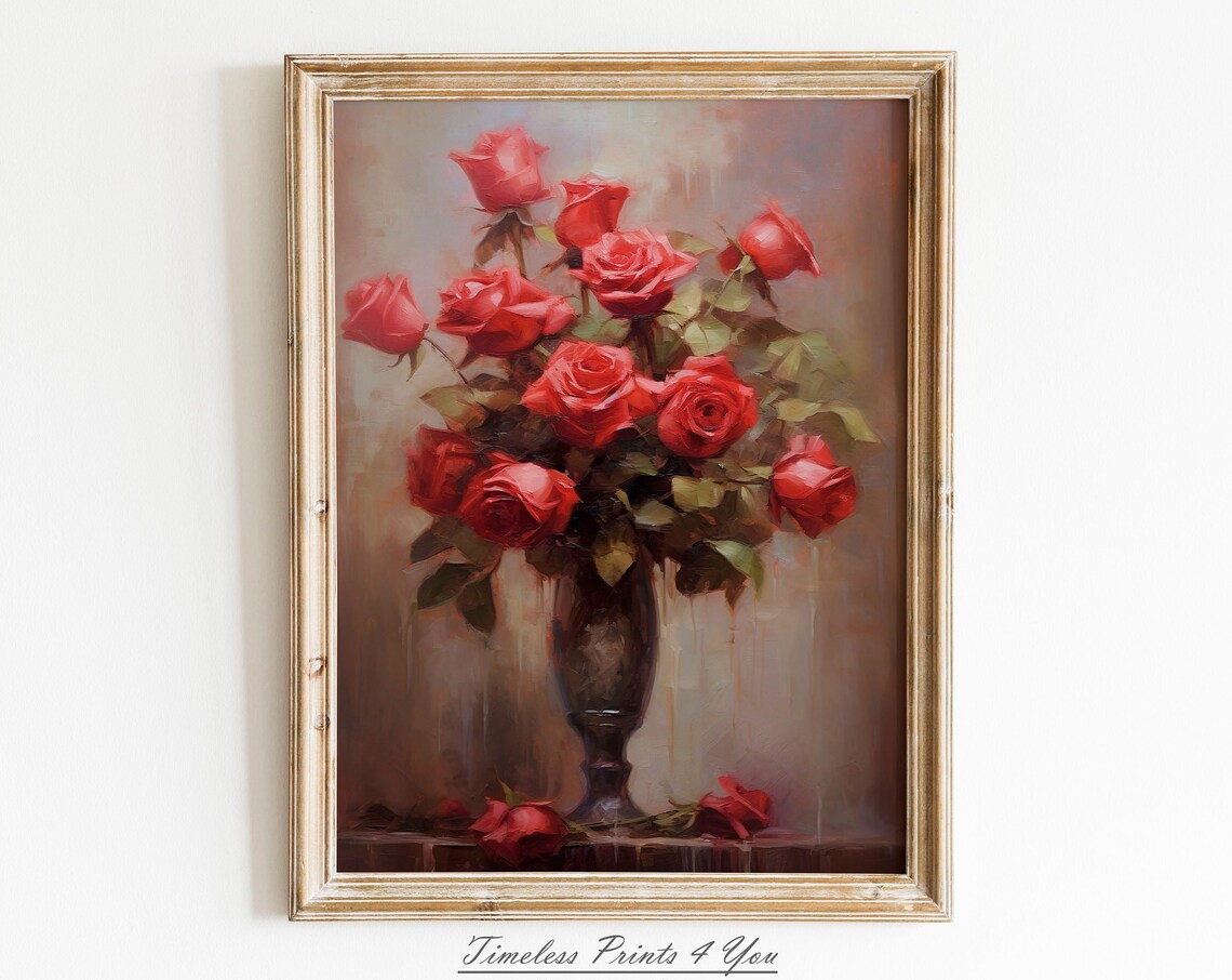 Classic Vintage Oil Painting of Red Roses in a Glass Vase Poster