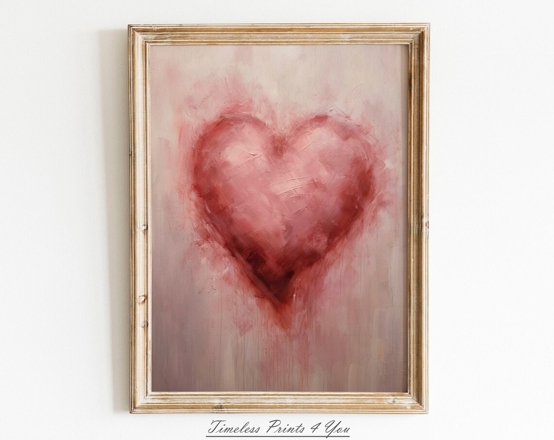 Pink Heart Impasto Painting Romantic Valentine Love Abstract Wall Art