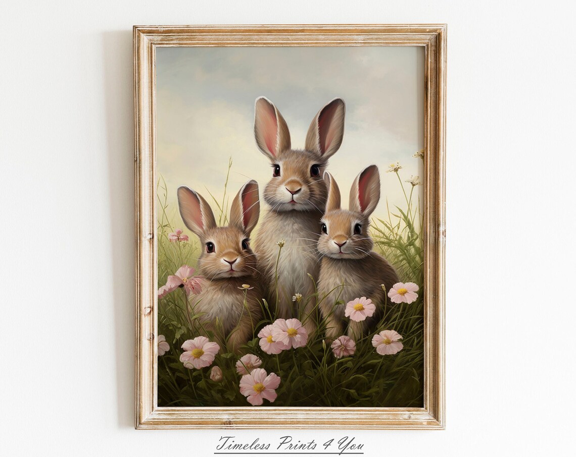 Three Baby Rabbits in Spring Flower Meadow Vintage Art Poster