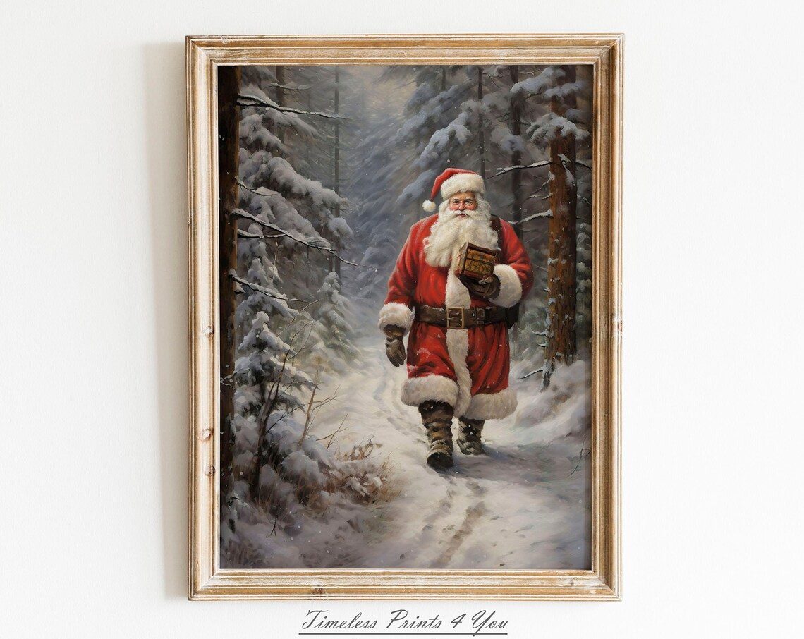 Vintage Santa Print, Winter Scene Christmas Decor