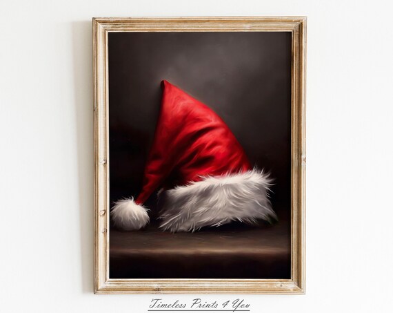 Santa Hat Vintage Christmas Art Print, Rustic Decor