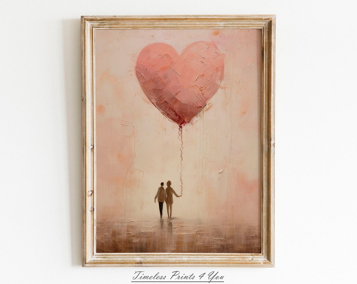 Romantic Couple Walking Away Giant Pink Heart Balloon Painting Print