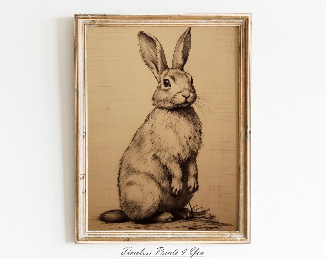 Vintage Easter Bunny Art Print, Spring Rabbit Painting