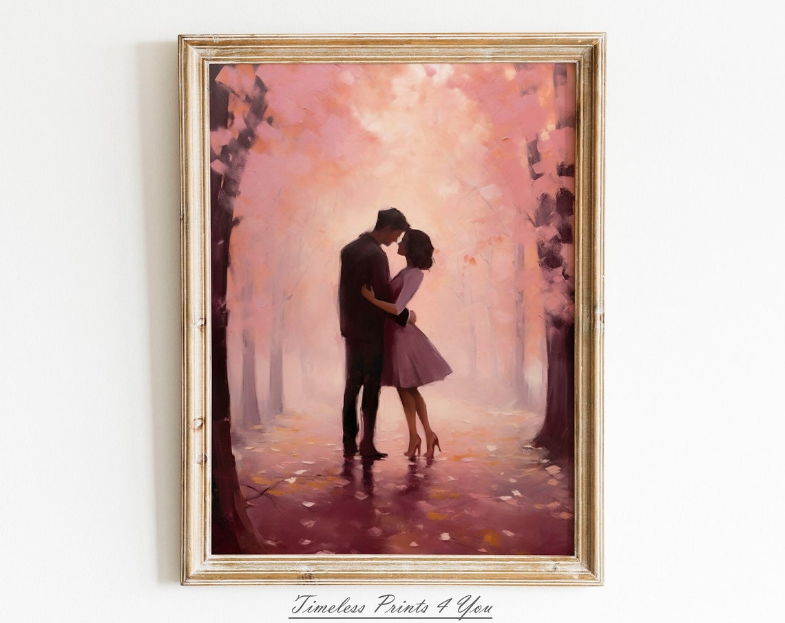 Romantic Couple Embracing Pink Blossom Trees Silhouette Painting Print