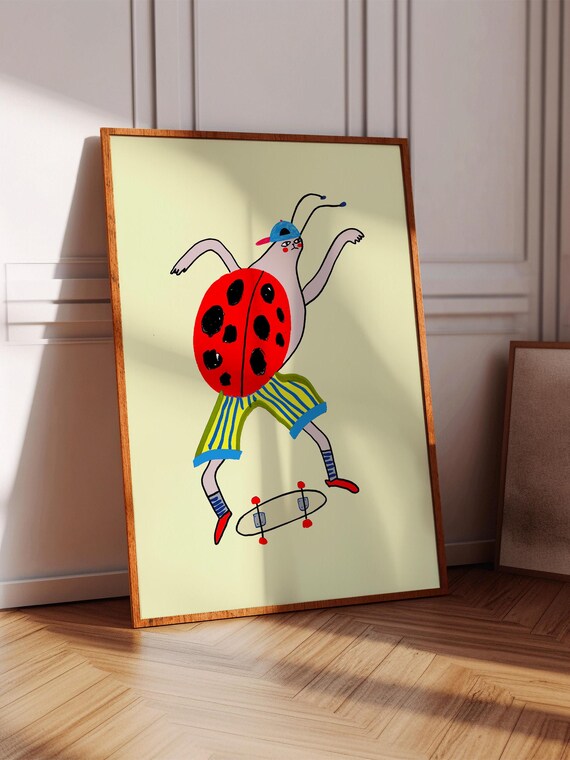 Playful Ladybug Skateboarding Cartoon Fun Kids Room Art Poster