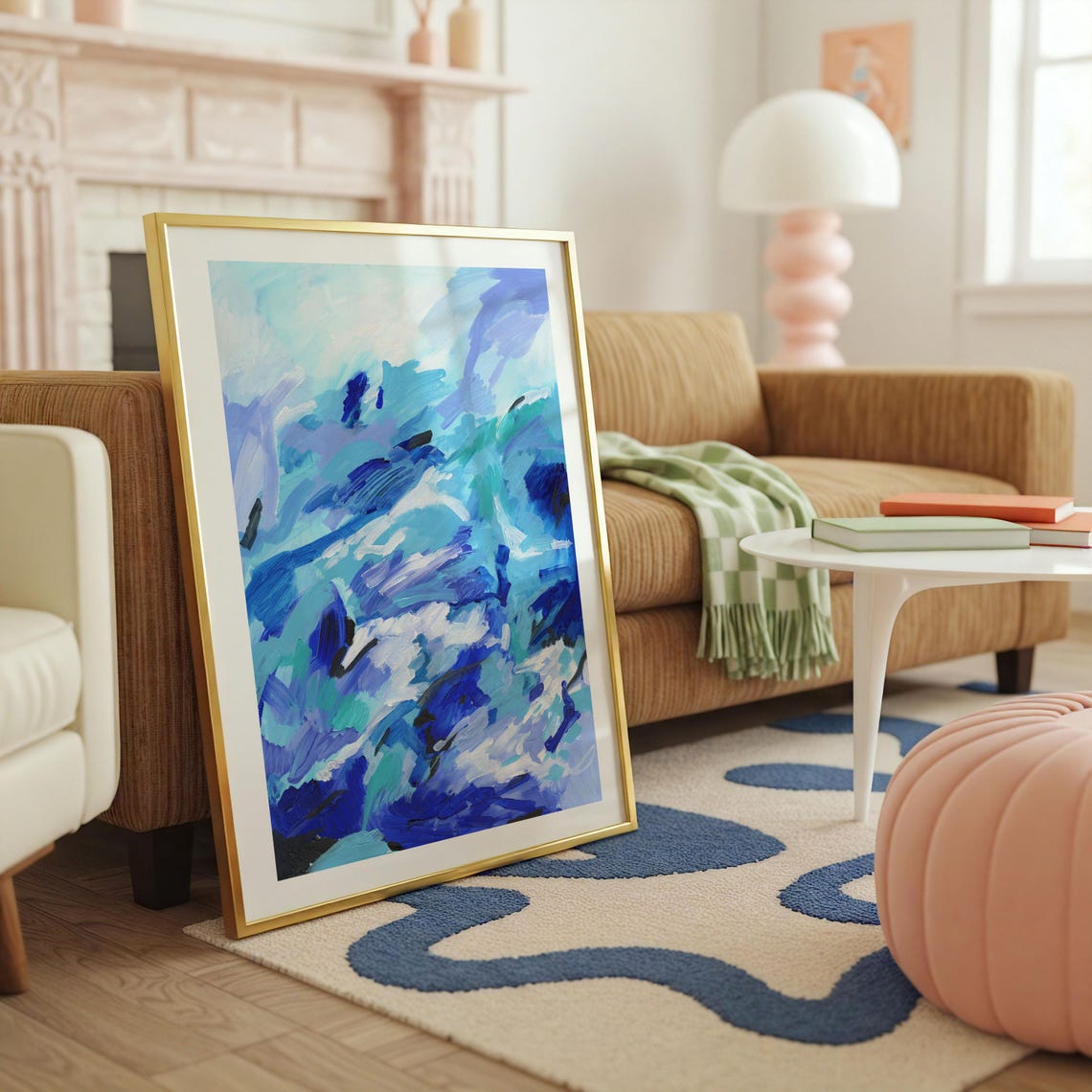 Blue Teal Abstract Ocean Waves Brushstroke Contemporary Poster