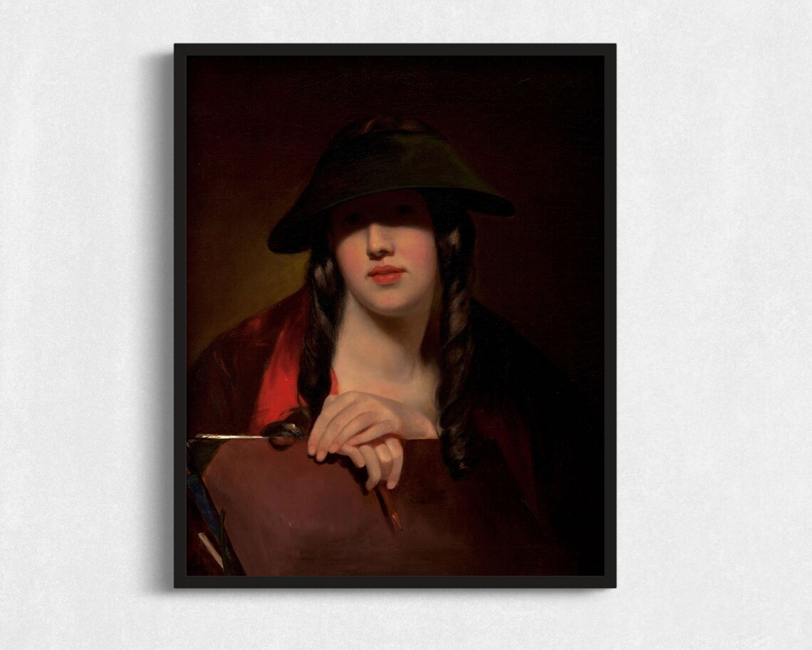Young Woman Dark Hat Shadowed Eyes Moody Antique Portrait Oil Painting