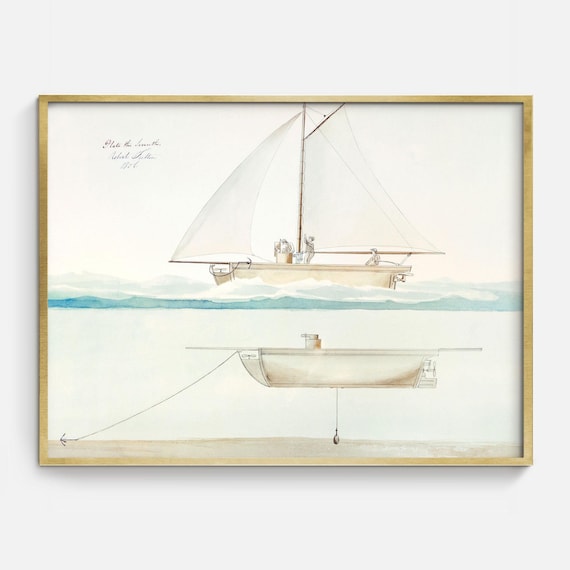 Sailboat Blueprint Technical Drawing Vintage Nautical Diagram Art Poster