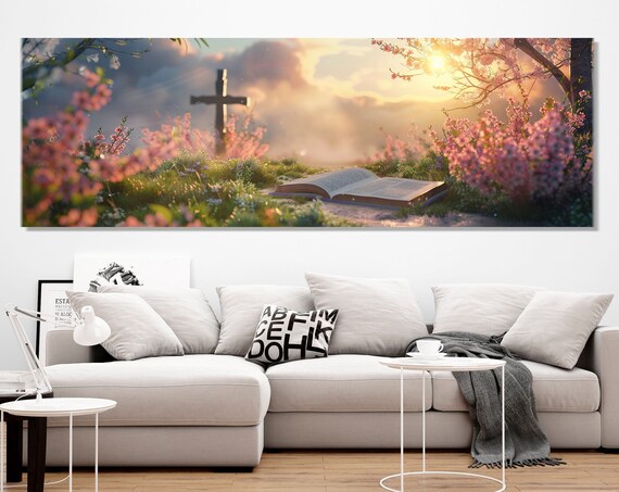 Open Bible Blooming Garden Sunrise Wooden Cross Spring Faith Wall Art