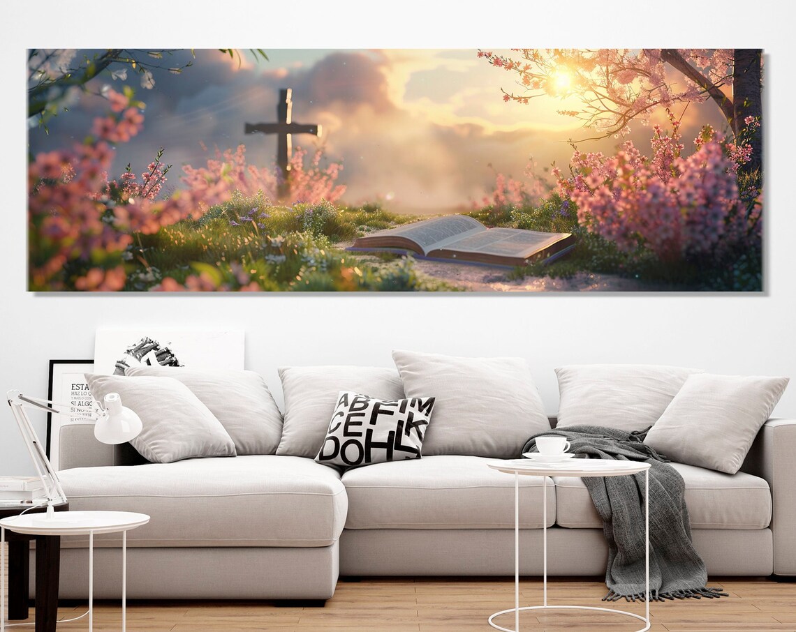 Open Bible Blooming Garden Sunrise Wooden Cross Spring Faith Wall Art