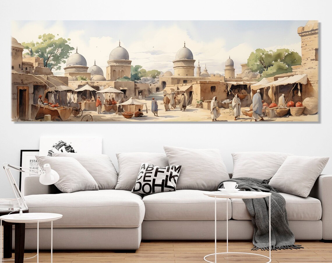 Ancient Oriental Market Domes Street Watercolor Travel Art Poster