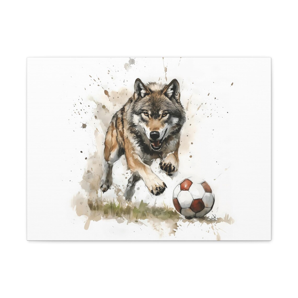 Gray Wolf Chasing Soccer Ball Watercolor Painting Wild Canine Sport Poster - Image 3