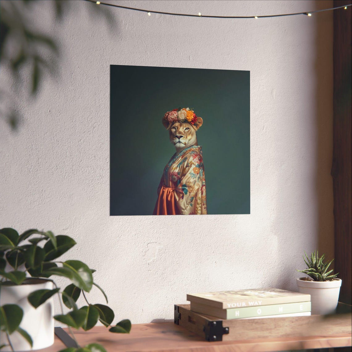 Lioness Fashionista Portrait With Floral Crown And Kimono Robe Poster