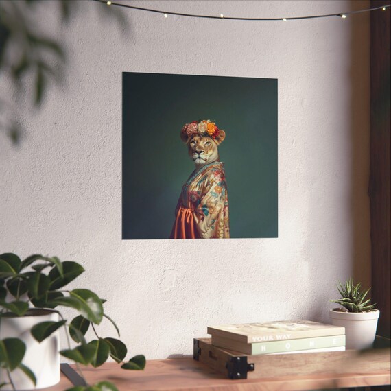 Lioness Fashionista Portrait With Floral Crown And Kimono Robe Poster