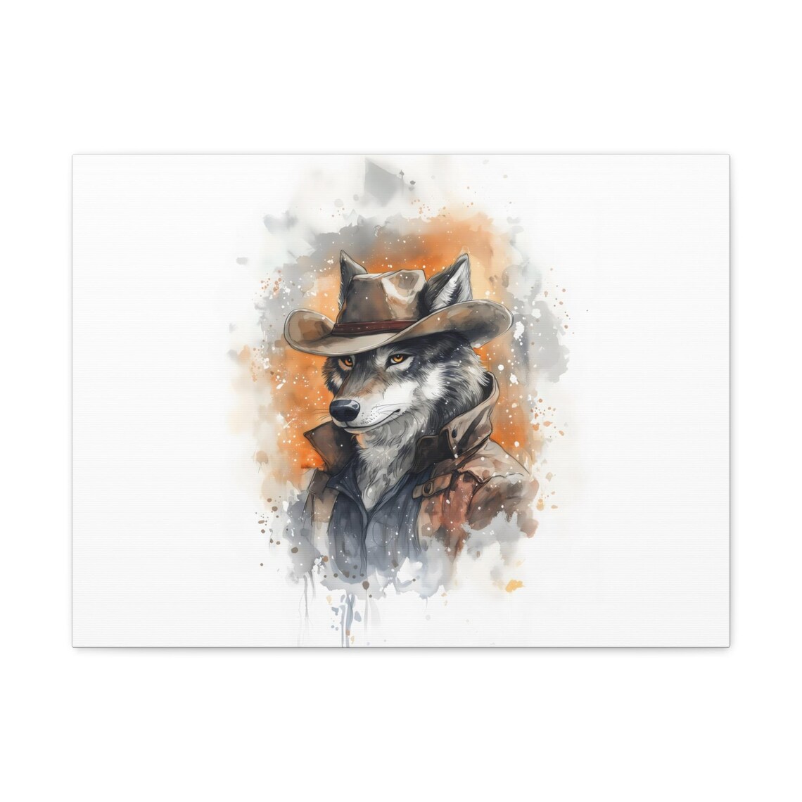 Wolf Cowboy Closeup Watercolor Portrait Amber Eyes Western Wildlife Poster - Image 3