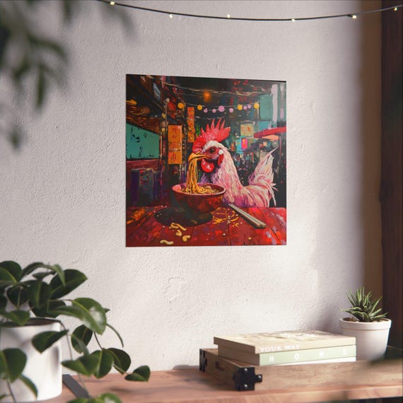 Maximalist Eclectic Ramen Chicken Poster Print Bold Altered Animal Portrait Fantasy Fun Colorful Renaissance Rustic Art