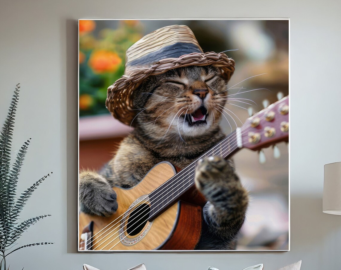 Cat Print, Funny Cute Acoustic Guitar Art Print