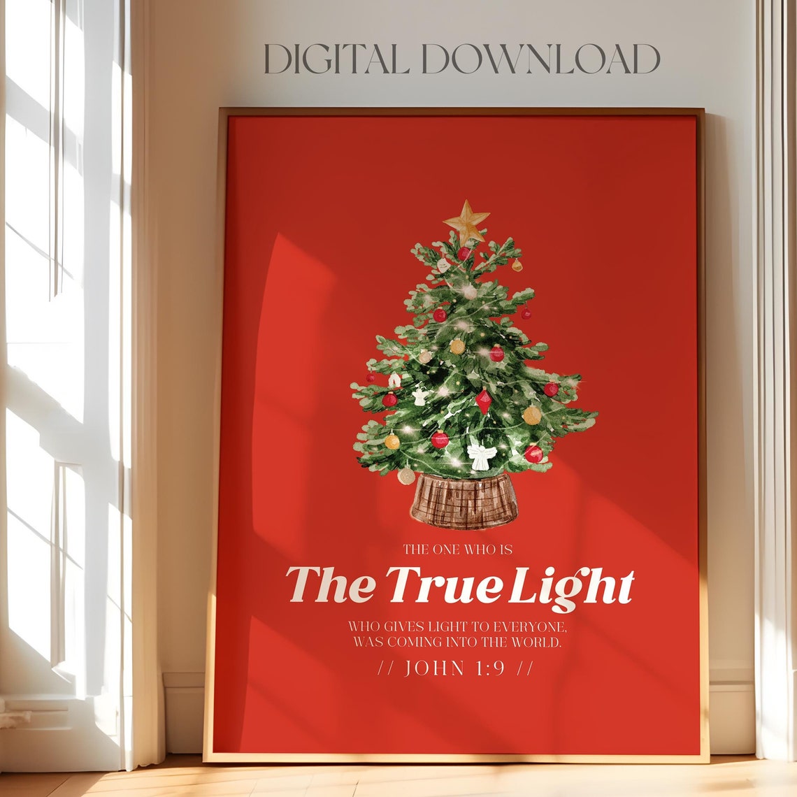 John 1:9 The True Light Christmas Tree Red Vintage Holiday Poster