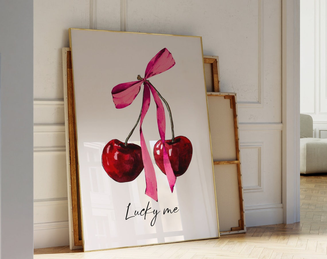 Lucky Me Cute Red Cherry Bow Watercolor Coquette Girly Wall Art - Image 4