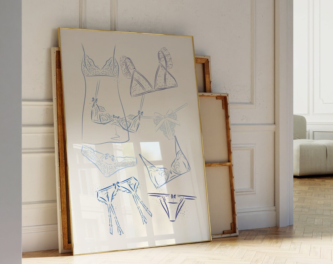 Blue Girly Lingerie Line Art Drawing Coquette Bedroom Wall Art - Image 3