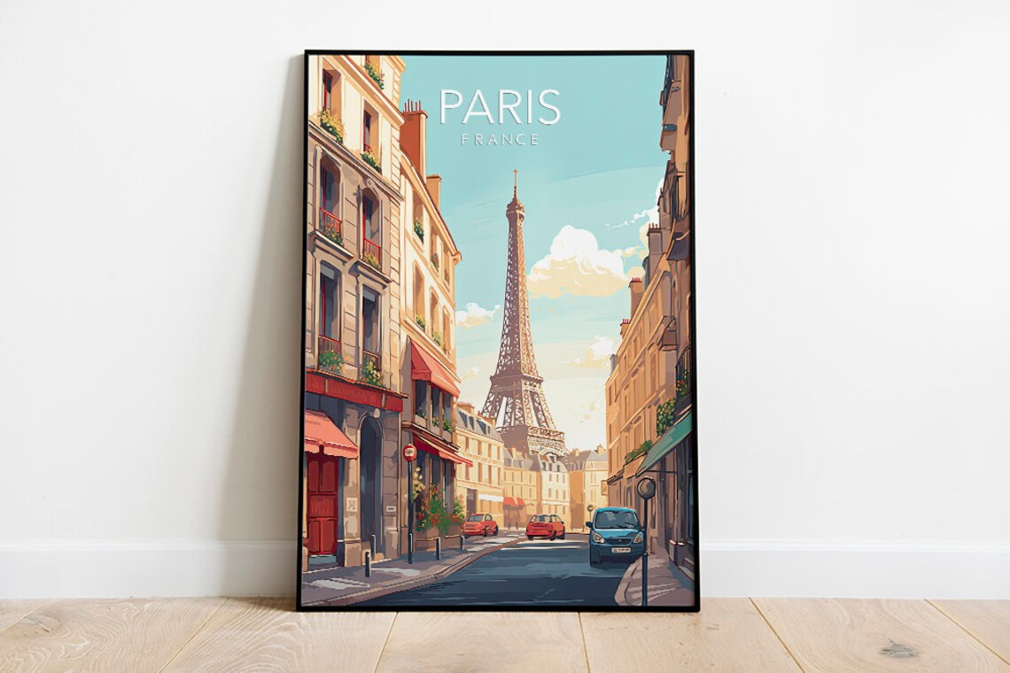 Paris France Eiffel Tower Street Scene Vintage Travel Art Poster