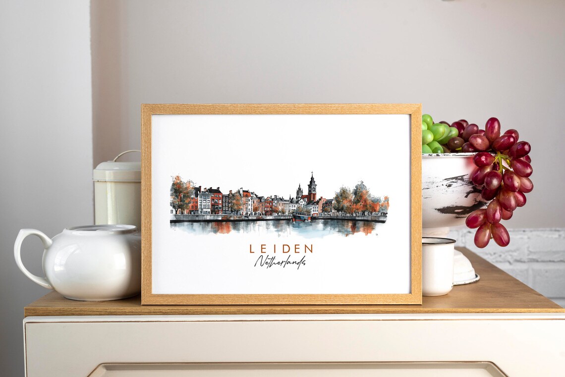Leiden Netherlands Canal City Skyline Watercolor Art Travel Poster - Image 3
