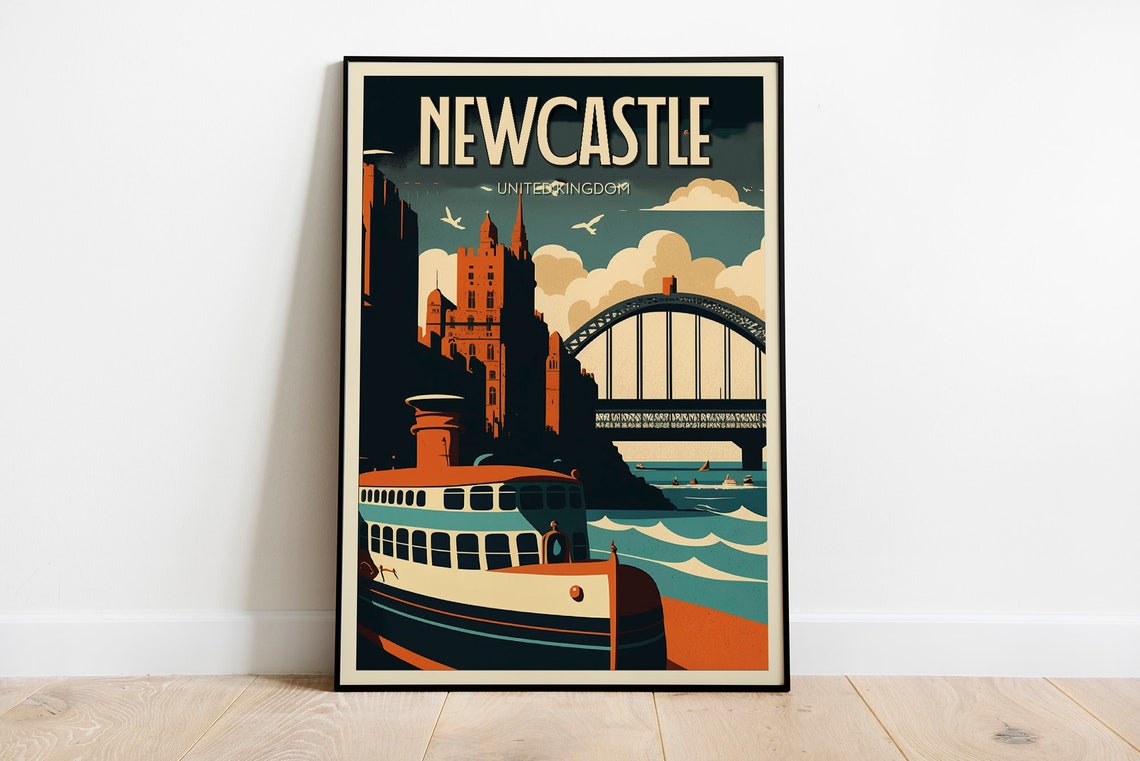 Newcastle United Kingdom Tyne Bridge Riverfront Vintage Travel Poster