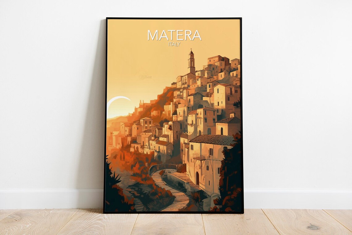 Matera Ancient Stone Hill Town Italy Sunset Vintage Travel Poster