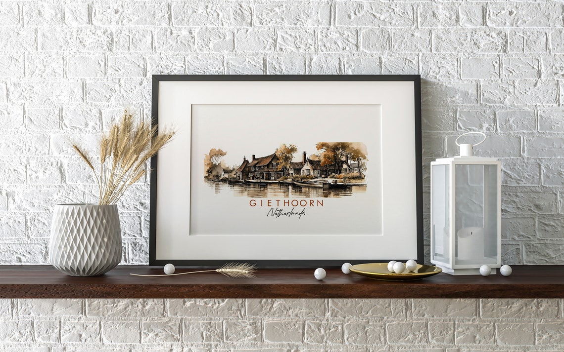 Giethoorn Netherlands Canal Village Autumn Ink Sketch Art Poster - Image 2