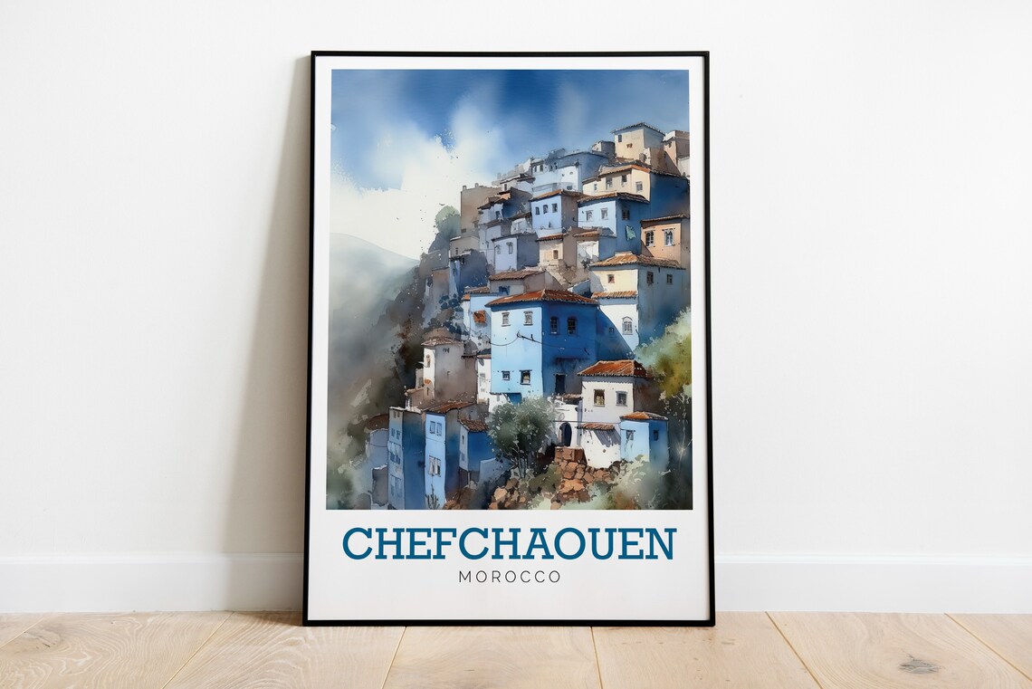 Chefchaouen Morocco Blue City Hillside Watercolor Travel Poster