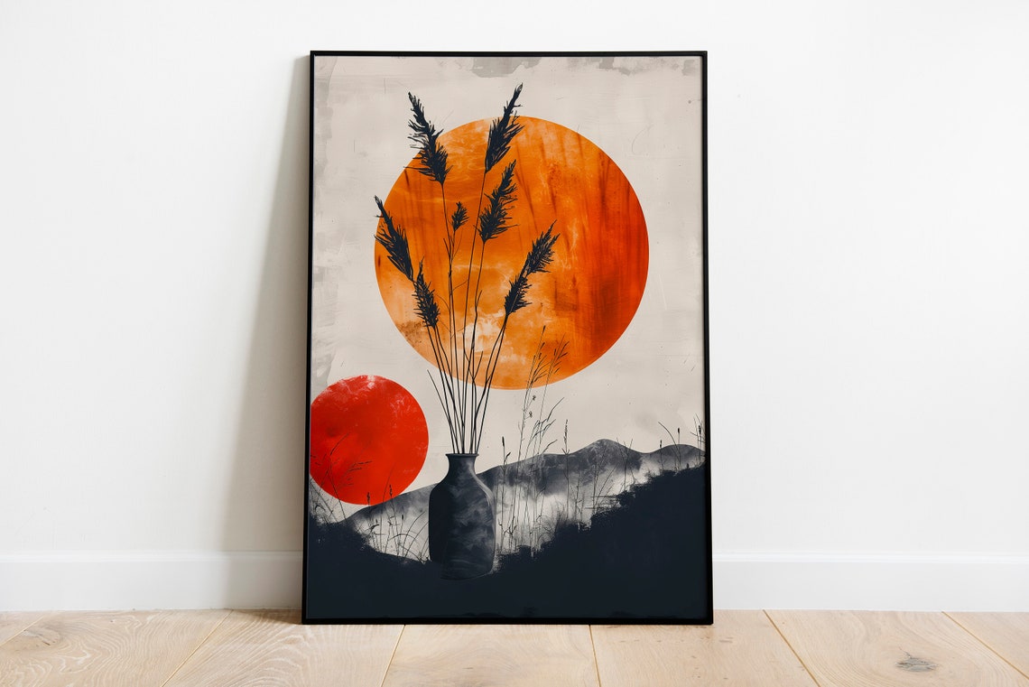 Burnt Orange Sun Pampas Grass Silhouette Japandi Nature Art Print - Image 2