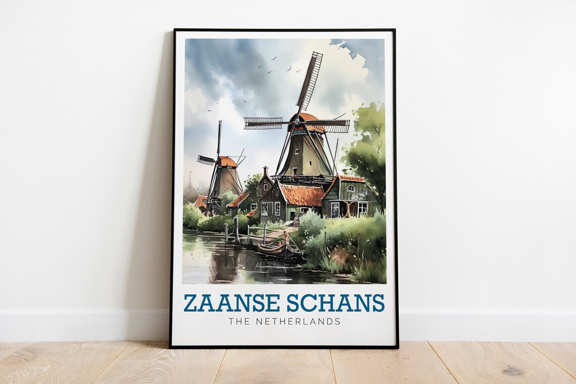 Zaanse Schans Netherlands Dutch Windmills Watercolor Travel Poster
