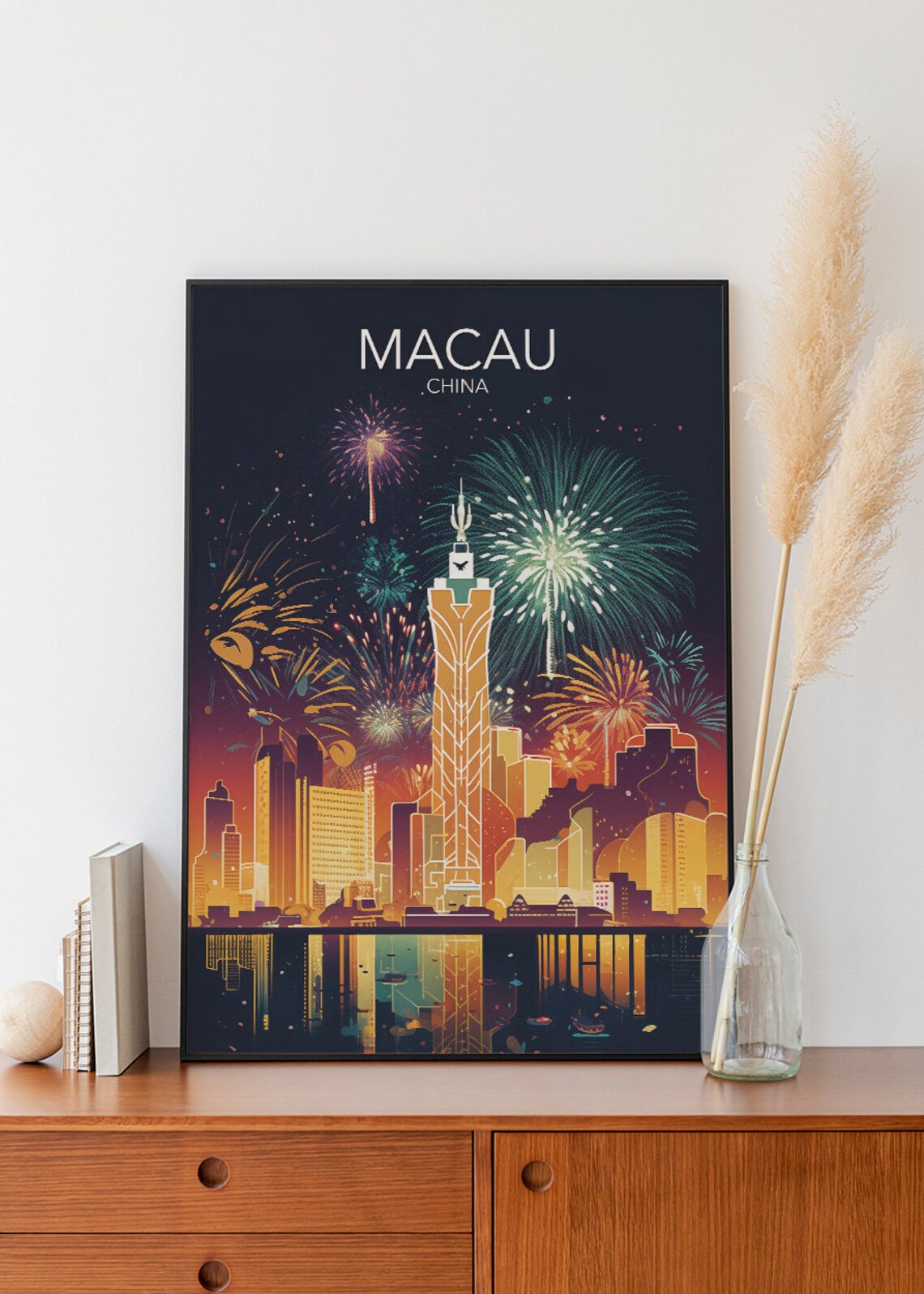 Macau Night Skyline Fireworks Casino Tower China Vintage Travel Poster - Image 2