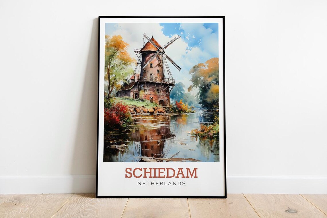 Schiedam Netherlands Windmill Watercolor Dutch Canal Travel Poster