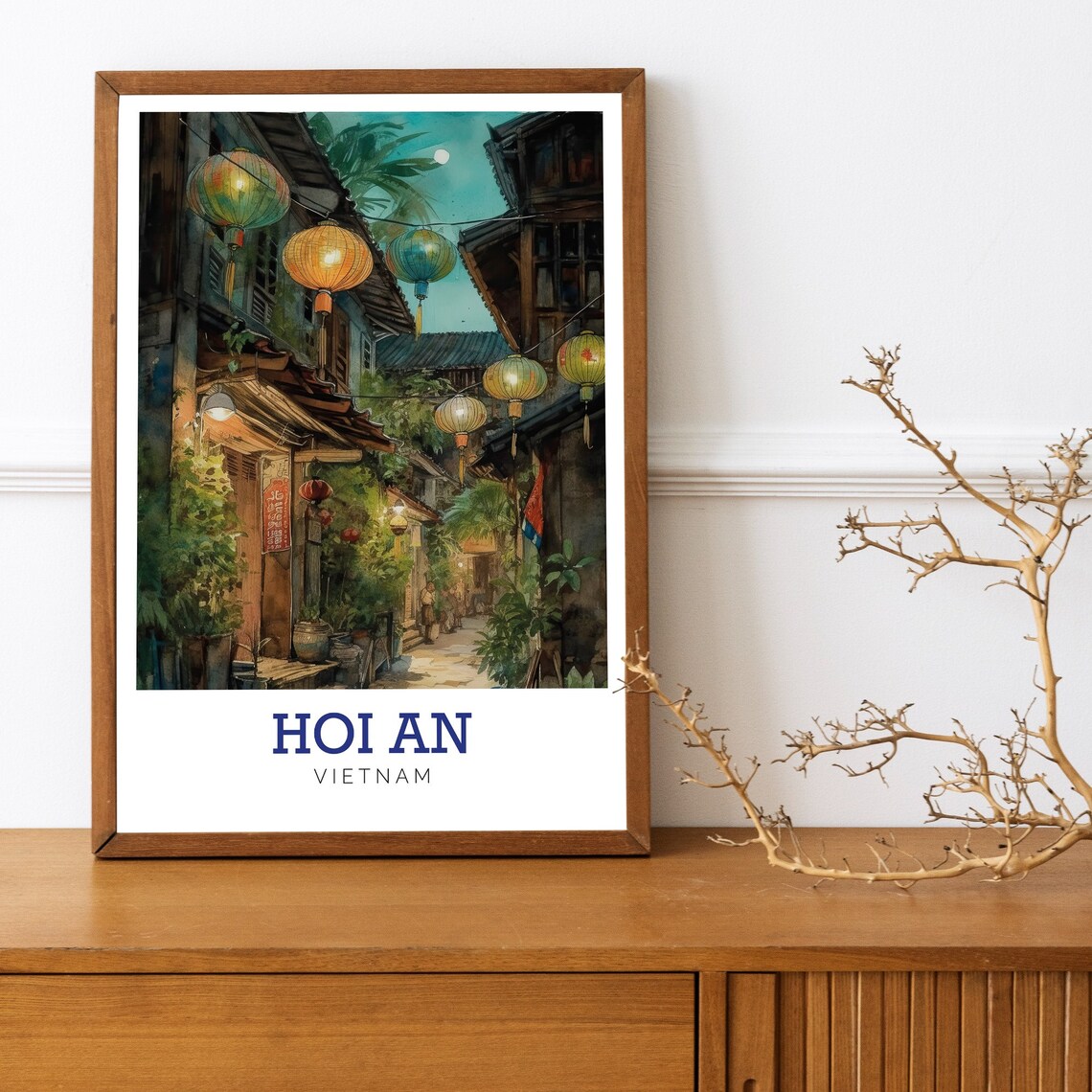 Hoi An Vietnam Glowing Lantern Lit Old Town Night Watercolor Poster