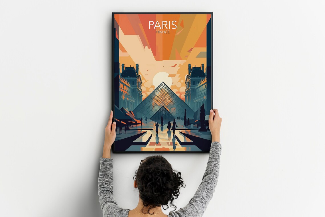 Paris France Louvre Pyramid Golden Sunset Geometric Art Poster - Image 2