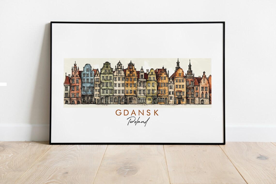 Gdansk Poland Colorful Old Town Houses Ink Sketch Art Poster