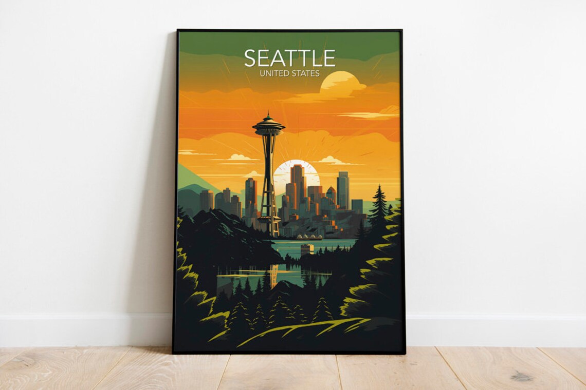 Seattle Washington Space Needle Skyline Sunset Travel Poster