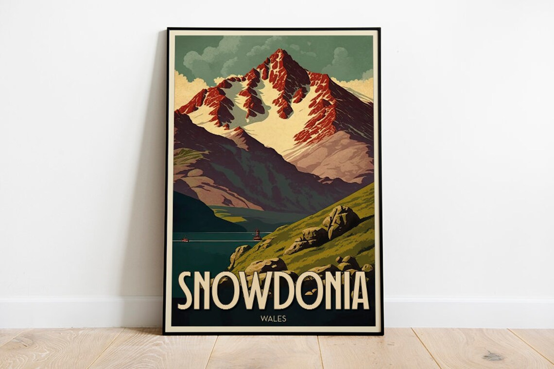 Snowdonia Wales Snow Capped Peak Mountain Vintage Travel Poster
