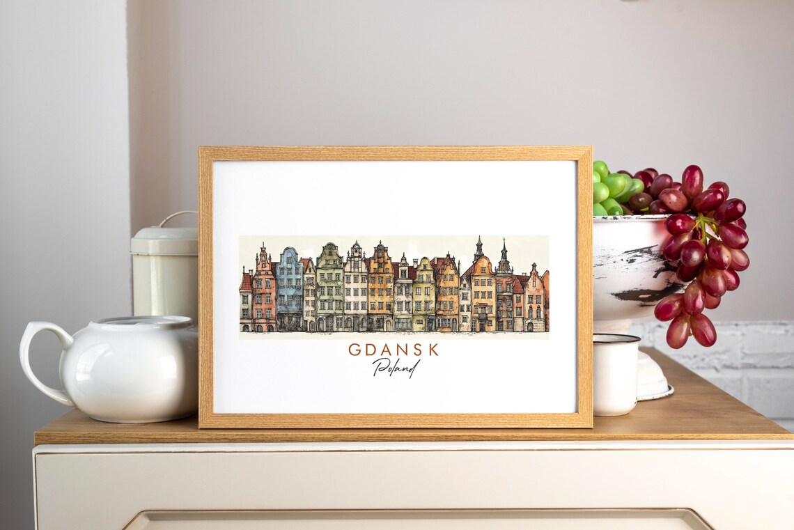 Gdansk Poland Colorful Old Town Houses Ink Sketch Art Poster - Image 3