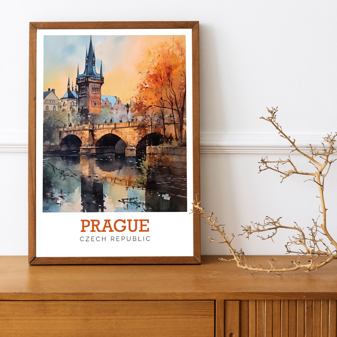 Prague Czech Republic Stone Bridge Sunset Watercolor Europe Poster