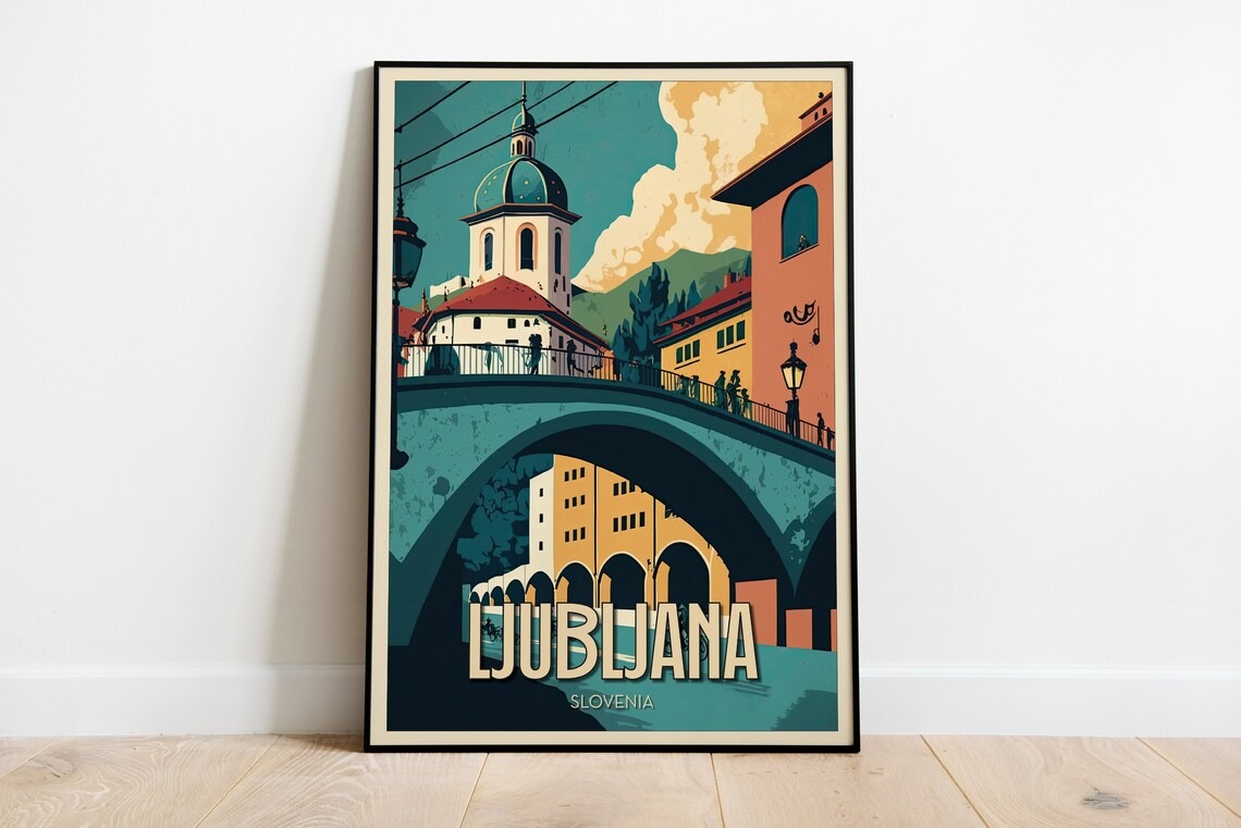 Ljubljana Slovenia Triple Bridge Riverside Vintage Travel Poster
